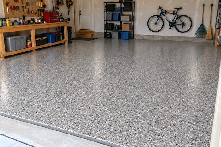 A garage floor with a flake coating (example photo)