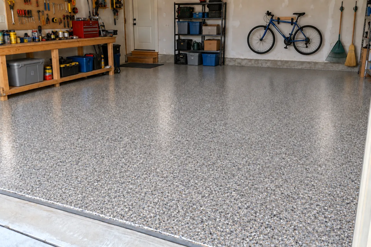Stained bare concrete garage floor before and after a full-broadcast flake coating — after