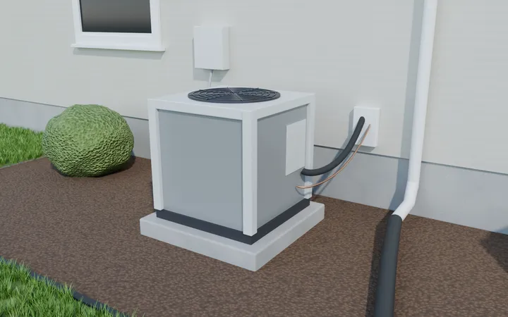 3D render of a level AC pad with a downspout extension carrying water away