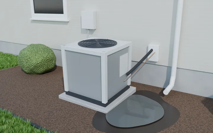 3D render of a tipped AC pad with the refrigerant lines pulled tight