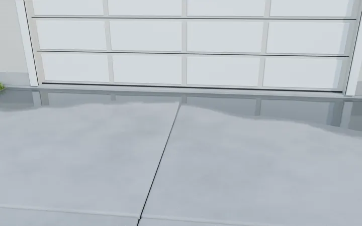 3D render of a garage apron sunk along the door with a lip and standing water