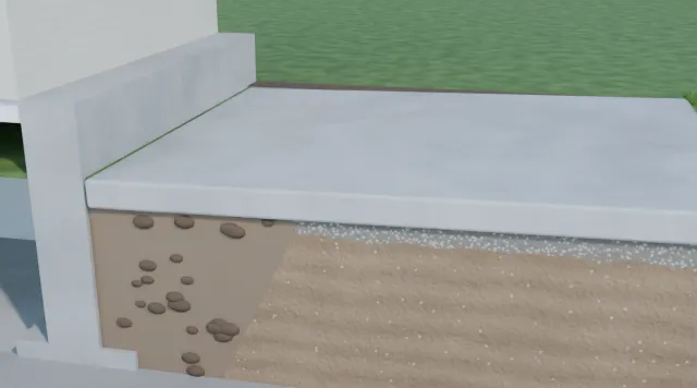 3D cutaway of loose backfill settling beside a foundation