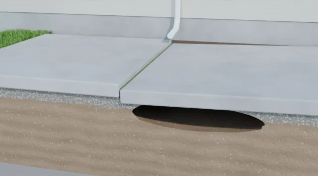 3D cutaway of downspout water washing soil out from under a slab