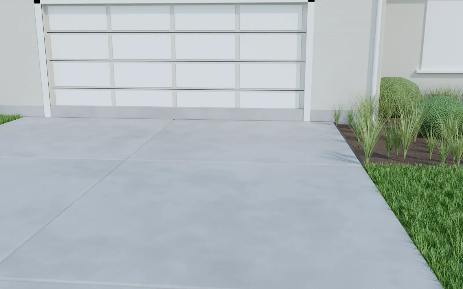 3D render of a driveway with one slab sunk at the garage, before and after foam lifting — after
