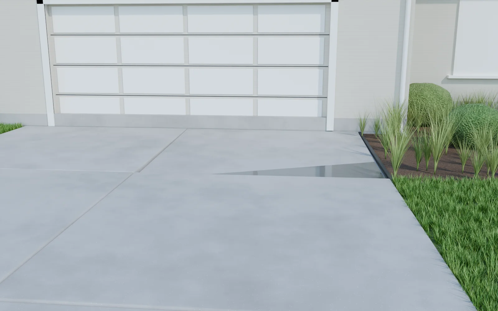 3D render of a driveway with one slab sunk at the garage, before and after foam lifting — before