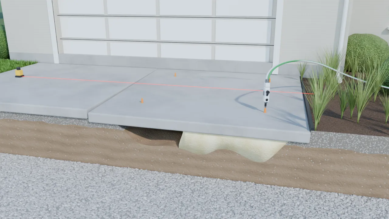 3D render of foam being pumped under a sunken driveway slab, the ground cut away