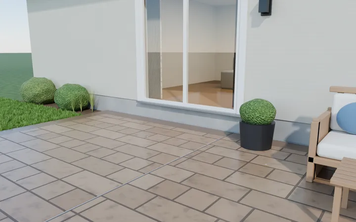 3D render of a level stamped patio with the joint at the house sealed