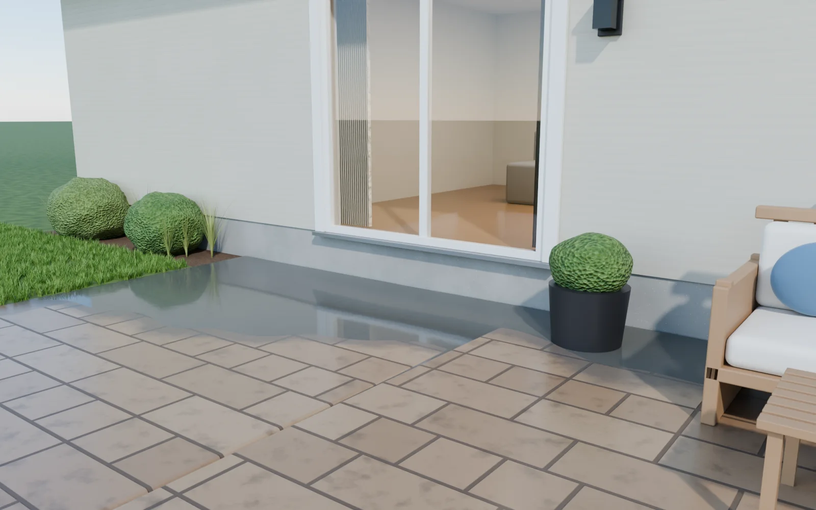 3D render: a patio tipped toward the house, with water standing against the foundation
