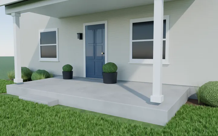 3D render of a covered porch settled away from the house