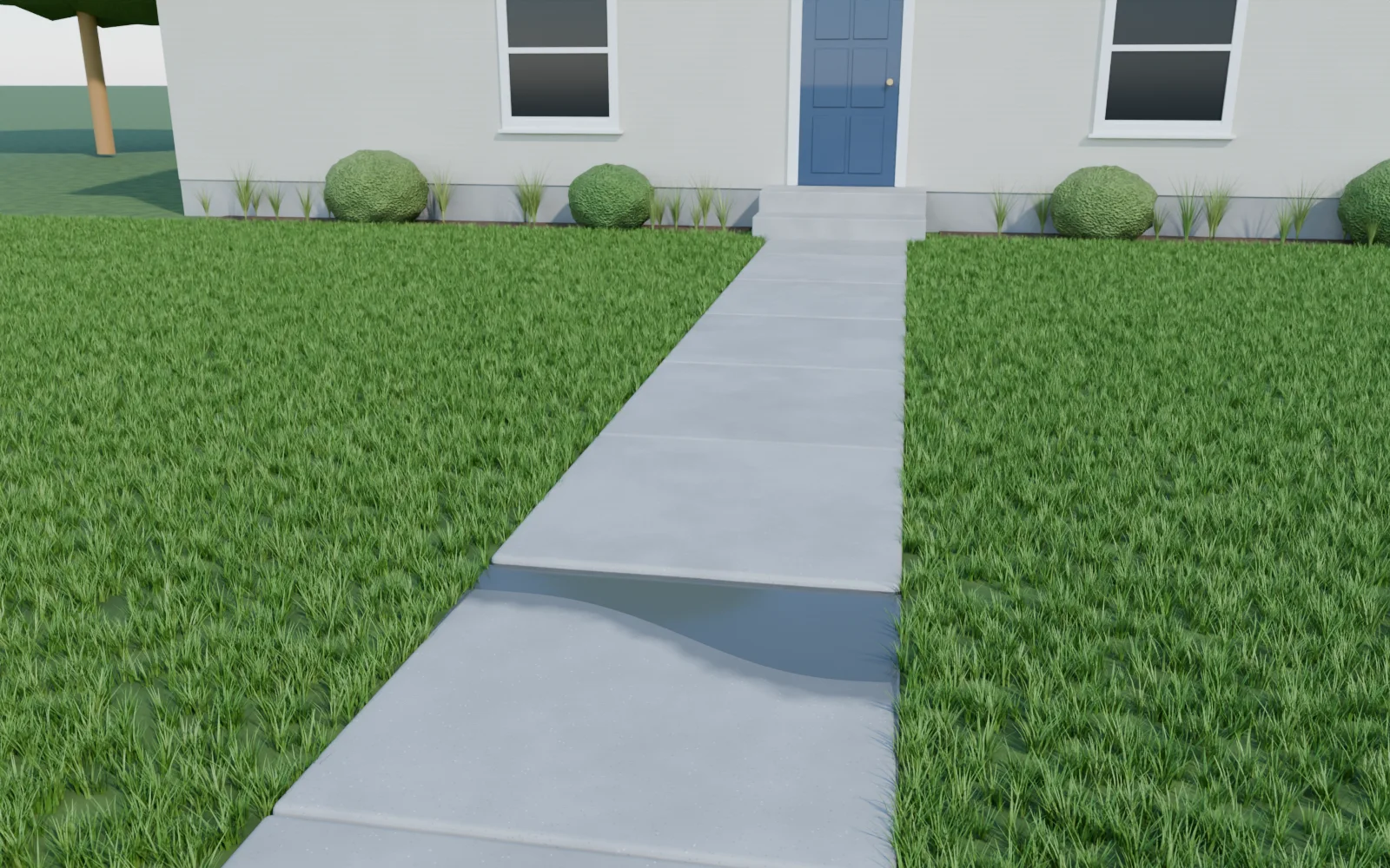 3D render of a front walk with a sunken section, a trip lip and a puddle