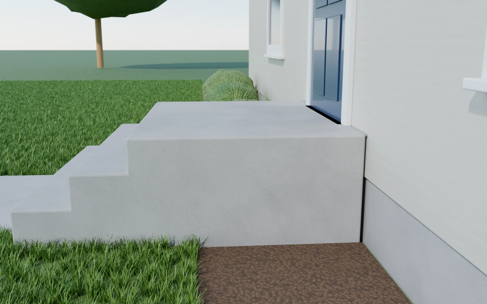 3D render of a front stoop pulled away from the house and tipped outward, before and after foam lifting — after