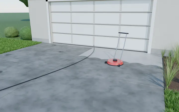 3D render of a grimy driveway half pressure-washed with a surface cleaner