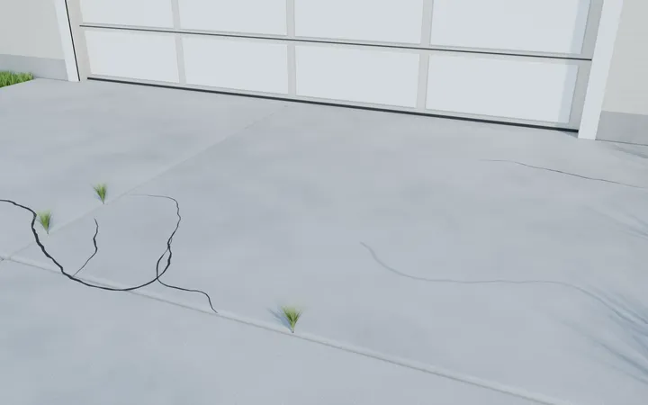 3D render of cracks across a driveway slab, one filled with sealant
