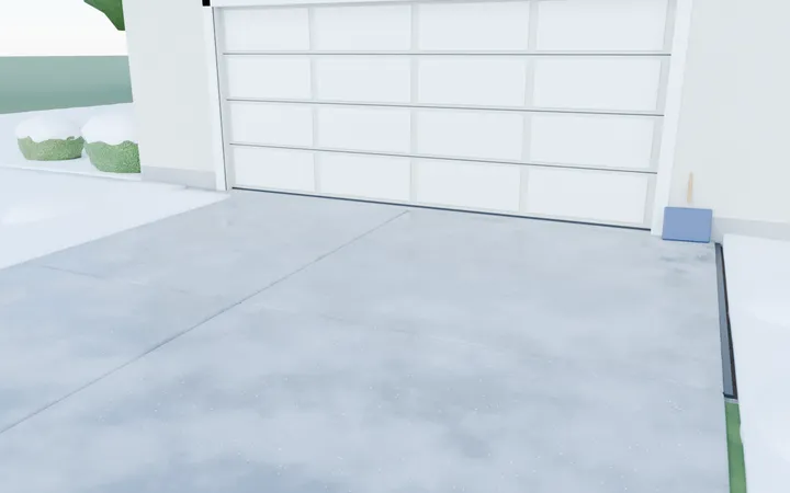 3D render of a shoveled driveway with snow, slush and rock salt