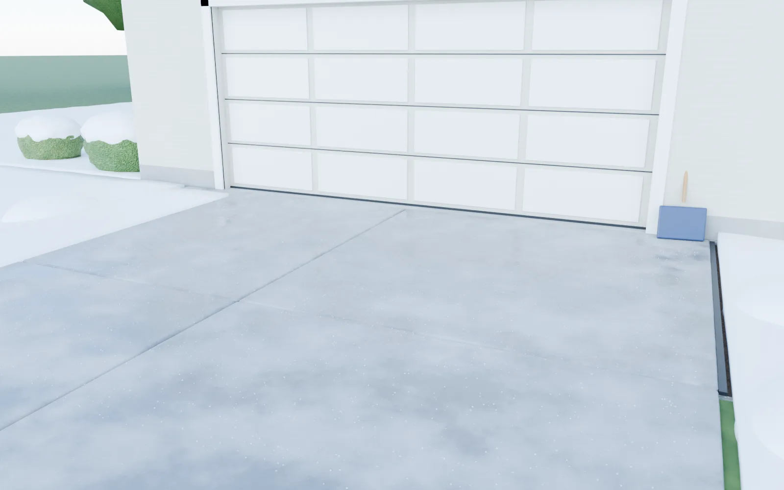 3D render of a shoveled driveway with snow, slush and rock salt